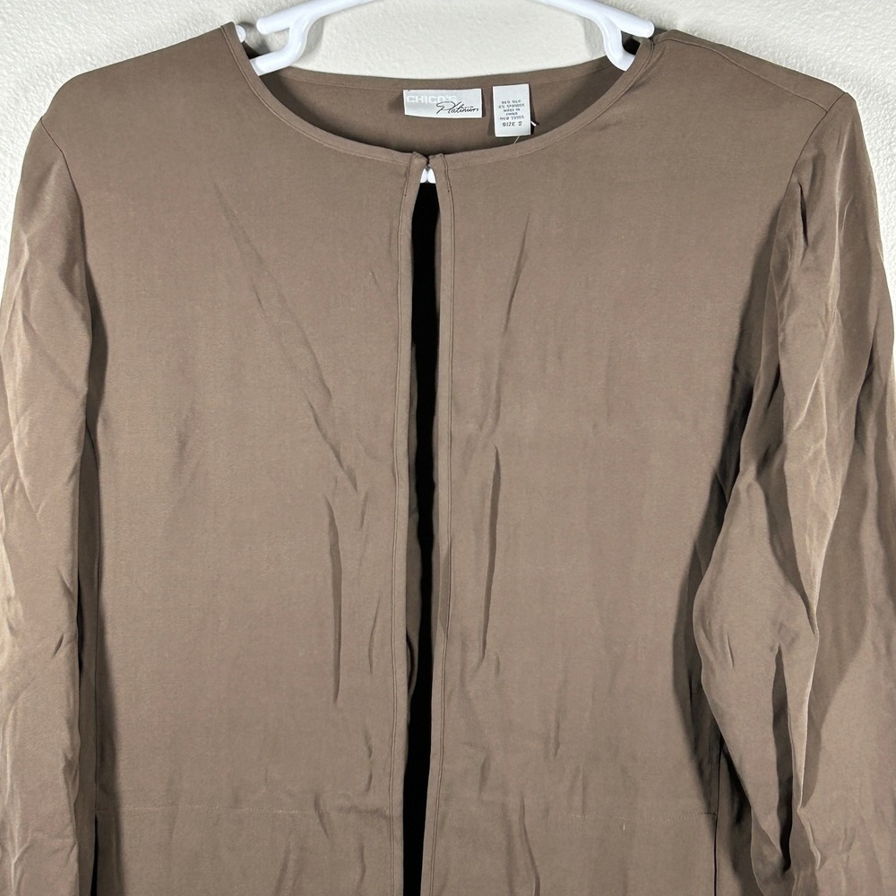 Chicos Platinum Silk Blend Open Front Jacket Taupe Brown Size 2 L Large